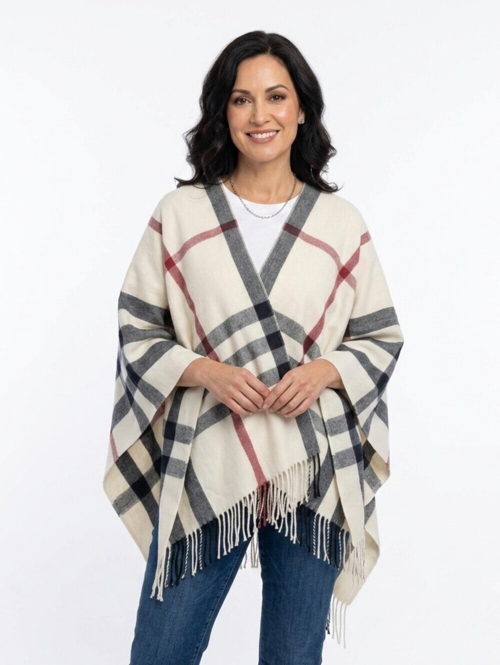 MerSea Classic Plaid Travel Pearl Cream Fringe Wrap - One Size